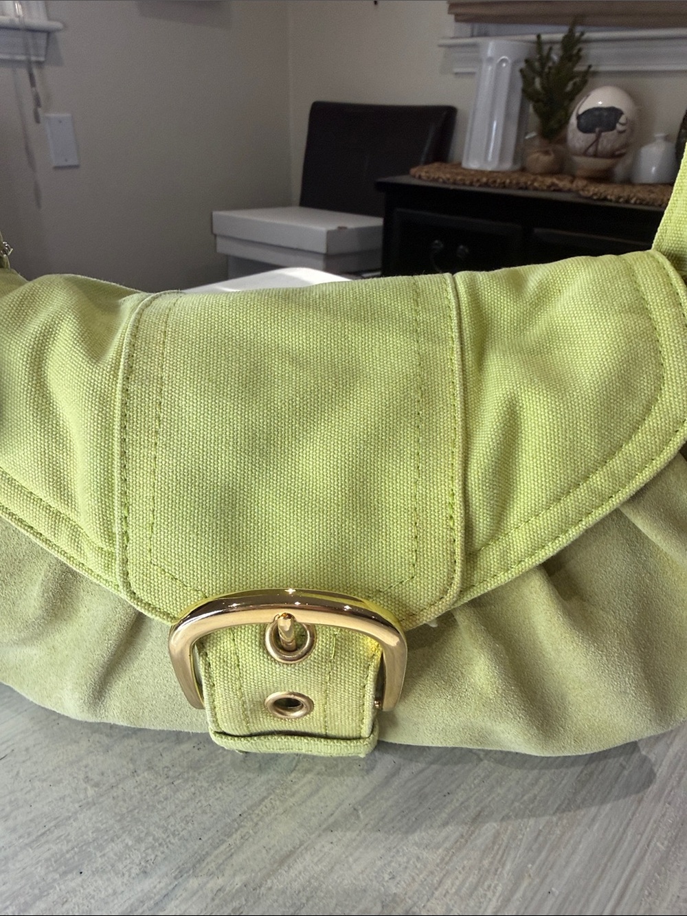 Y2K Source Unknown Lime Green Small Hobo Denim and Suede Bag with Gold Buckle - Picture 3 of 10